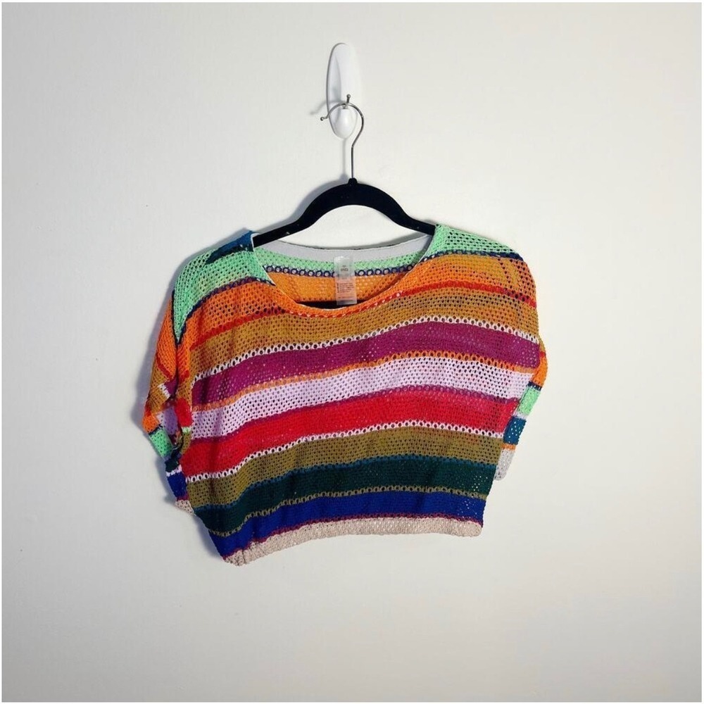 PQ Swim 2 Piece Set Womens M/L Multi Rainbow Stripe Crochet Knit Crop Top Pants - Picture 2 of 8